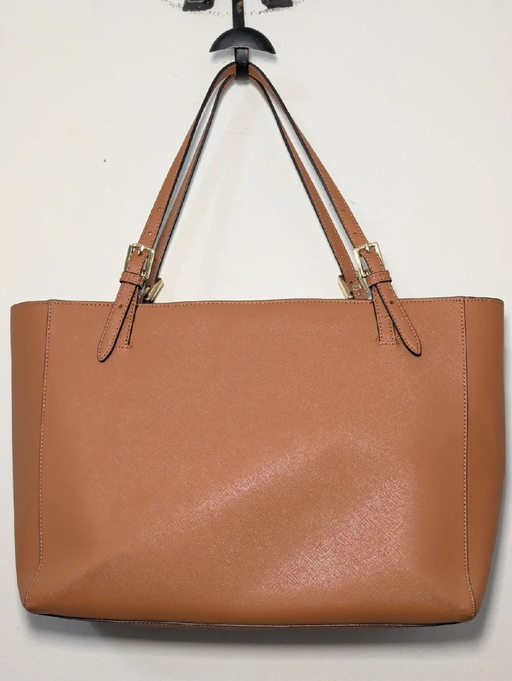Tory Burch York Buckle Tote Bag Saffiano Leather Cognac Brown Gold Hardware